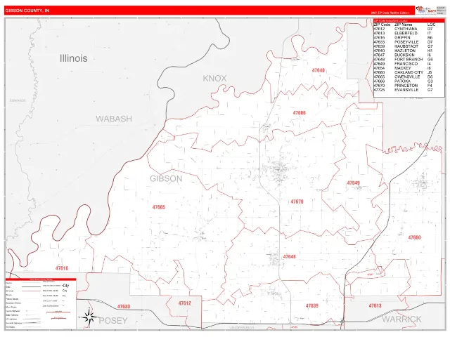 Gibson County, IN ZIP Code Wall Map, RedLine style
