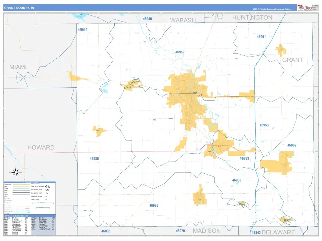 Grant County, IN ZIP Code Wall Map, Business Reference style