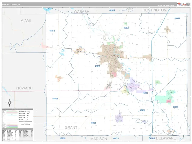 Grant County, IN ZIP Code Wall Map, Classic style