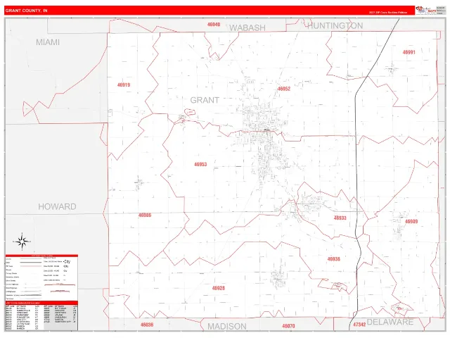 Grant County, IN ZIP Code Wall Map, RedLine style