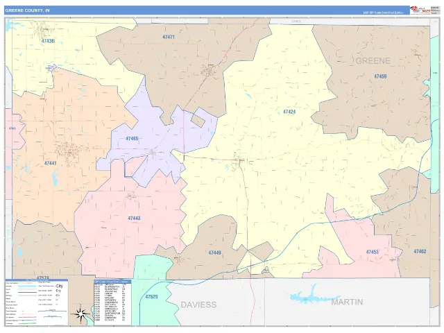 Greene County, IN ZIP Code Wall Map, ColorCast style