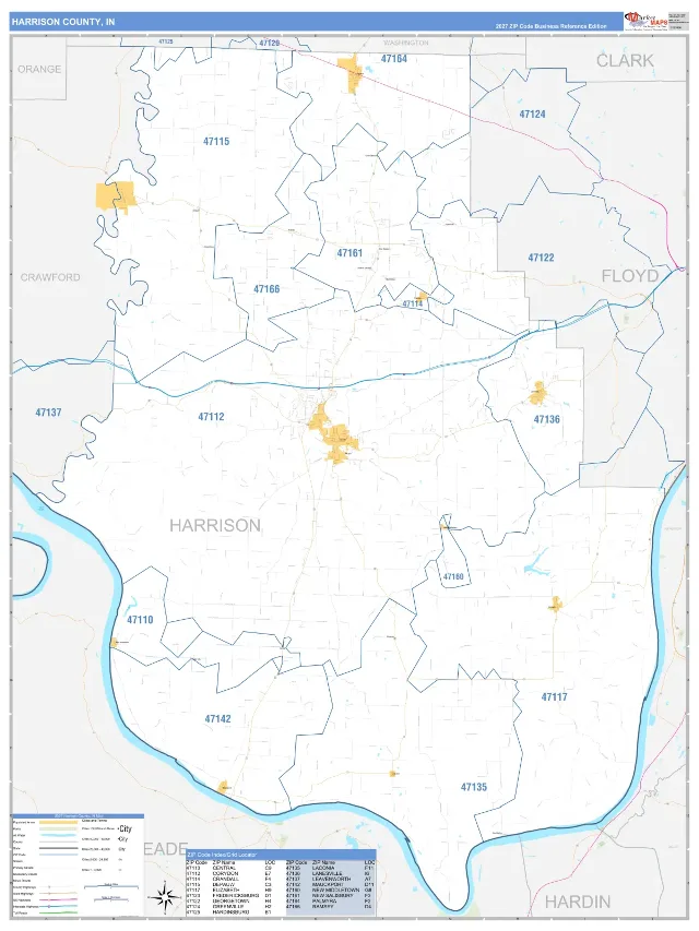 Harrison County, IN ZIP Code Wall Map, Business Reference style