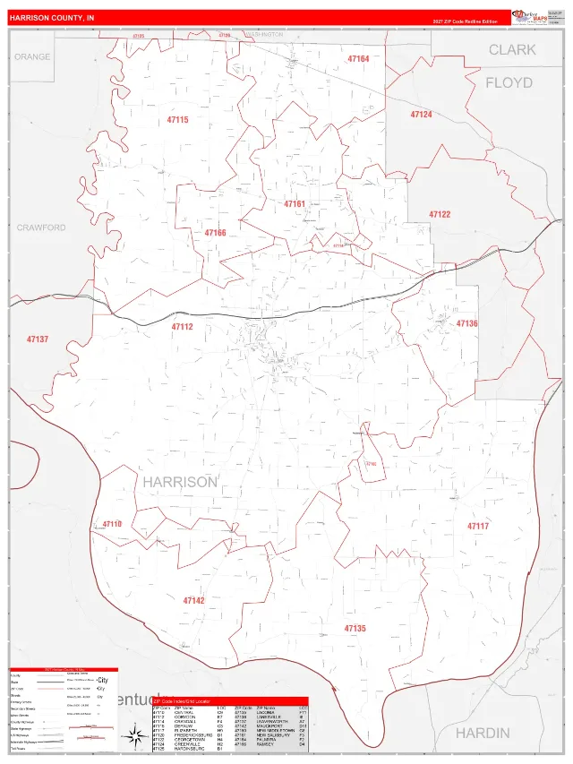 Harrison County, IN ZIP Code Wall Map, RedLine style