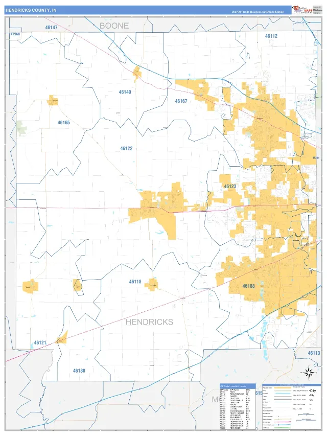 Hendricks County, IN ZIP Code Wall Map, Business Reference style