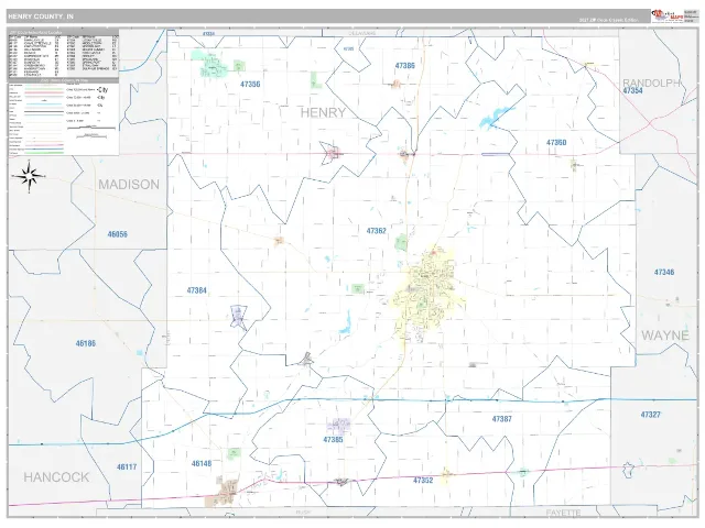 Henry County, IN ZIP Code Wall Map, Classic style