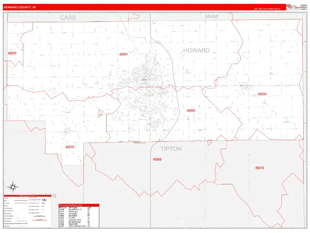 Howard County, IN ZIP Code Wall Map, RedLine style