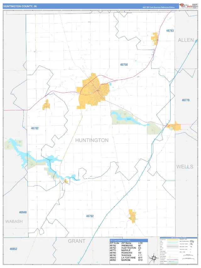 Huntington County, IN ZIP Code Wall Map, Business Reference style