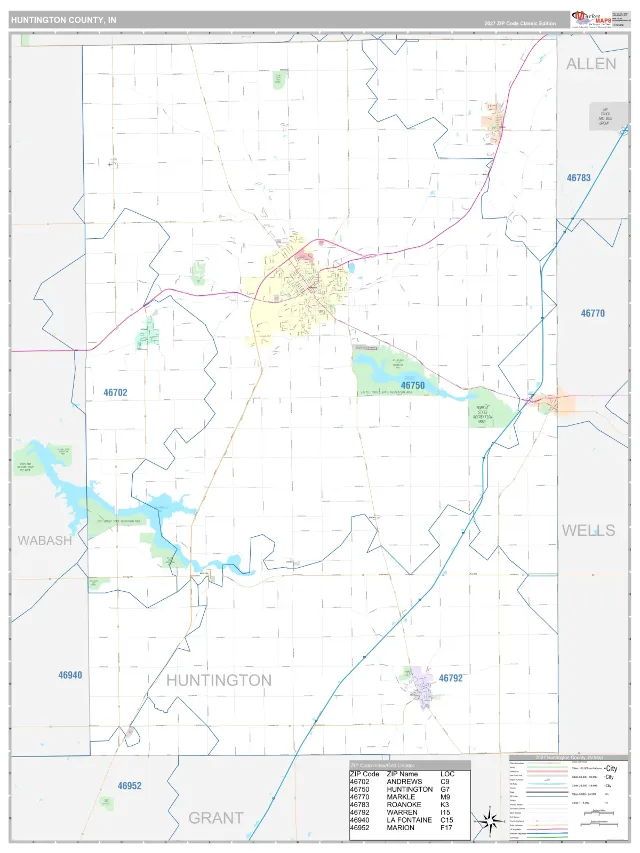 Huntington County, IN ZIP Code Wall Map, Classic style