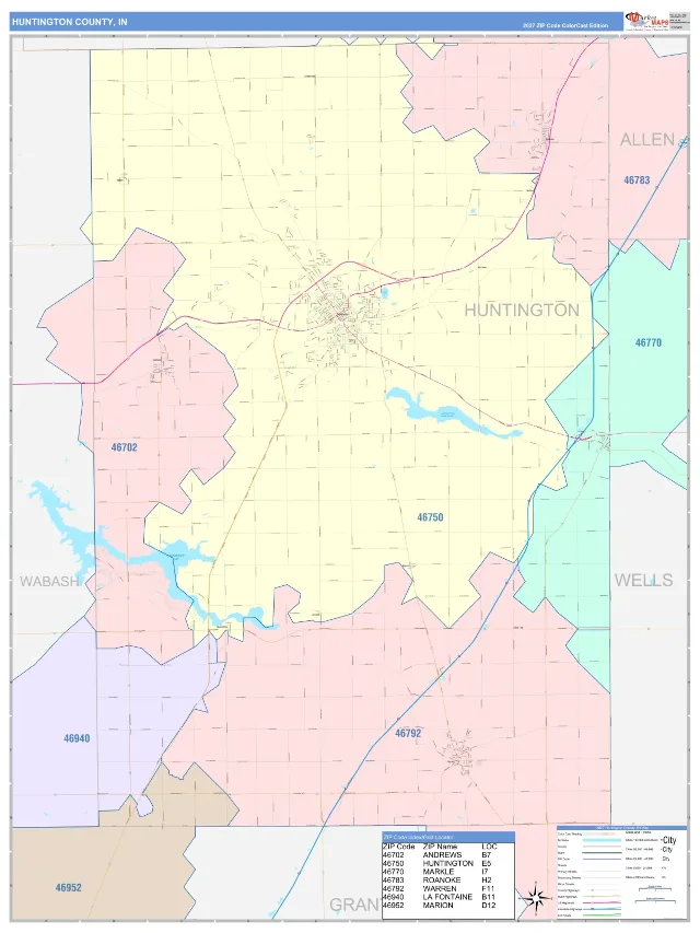 Huntington County, IN ZIP Code Wall Map, ColorCast style