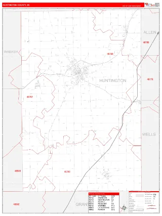 Huntington County, IN RedLine style ZIP Code wall map