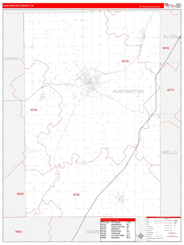 Huntington County, IN ZIP Code Wall Map, RedLine style