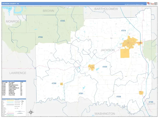 Jackson County, IN ZIP Code Wall Map, Business Reference style
