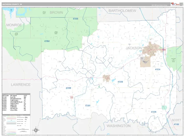 Jackson County, IN ZIP Code Wall Map, Classic style