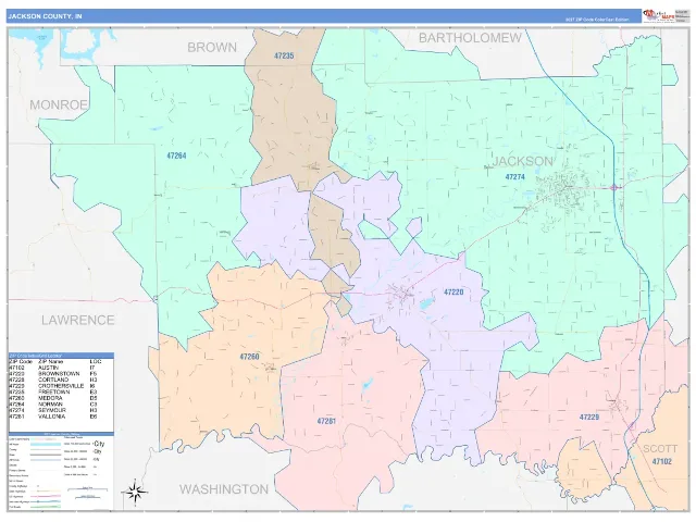 Jackson County, IN ZIP Code Wall Map, ColorCast style