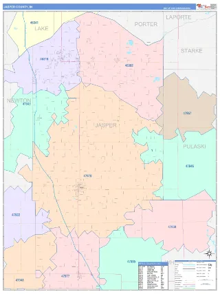 Jasper County, IN ColorCast style ZIP Code wall map