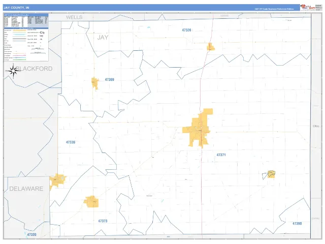 Jay County, IN ZIP Code Wall Map, Business Reference style