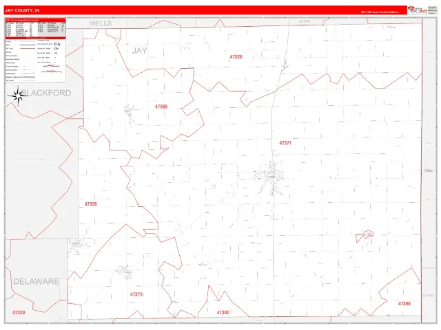 Jay County, IN ZIP Code Wall Map, RedLine style