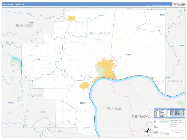 Jefferson County, IN ZIP Code Wall Map, Business Reference style