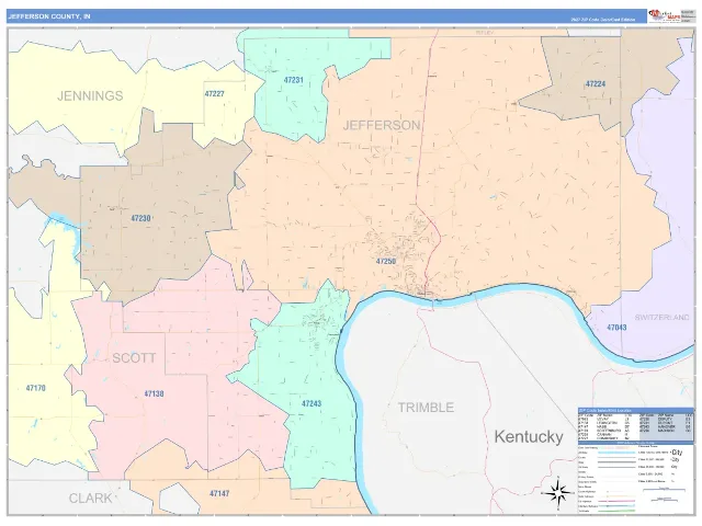Jefferson County, IN ZIP Code Wall Map, ColorCast style