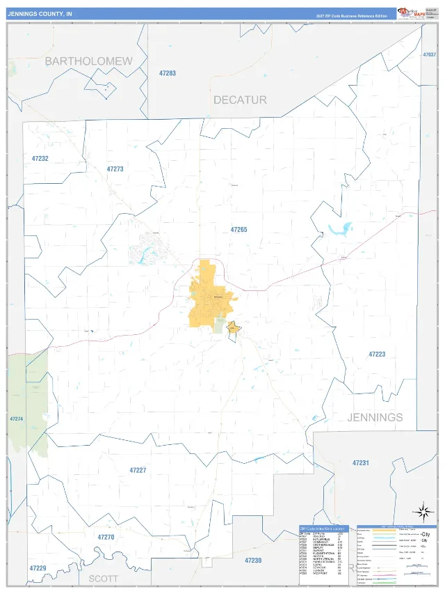 Jennings County, IN ZIP Code Wall Map, Business Reference style