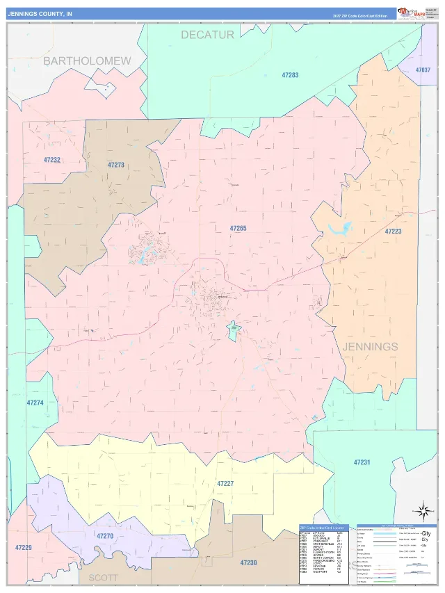 Jennings County, IN ZIP Code Wall Map, ColorCast style