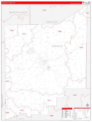 Jennings County, IN RedLine style ZIP Code wall map