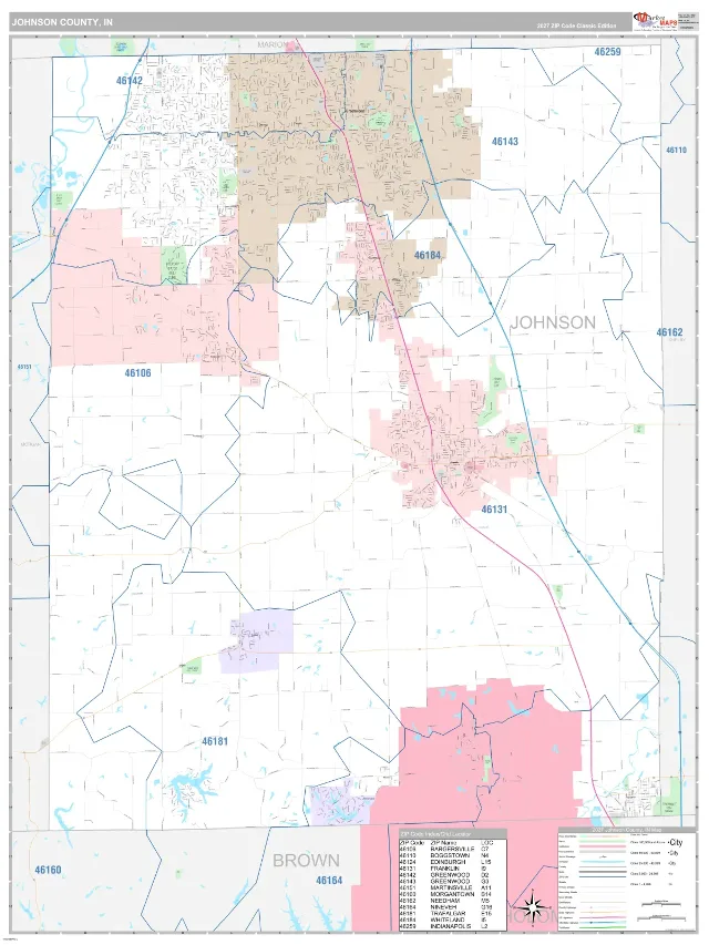 Johnson County, IN ZIP Code Wall Map, Classic style