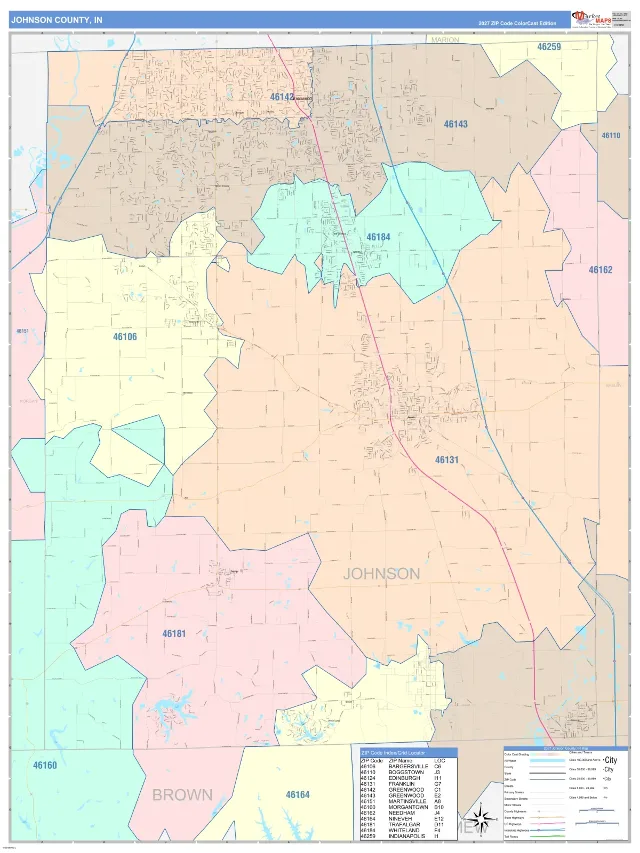Johnson County, IN ZIP Code Wall Map, ColorCast style