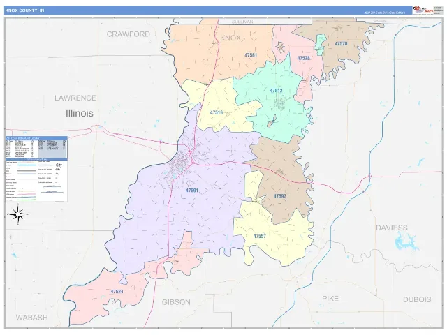 Knox County, IN ZIP Code Wall Map, ColorCast style