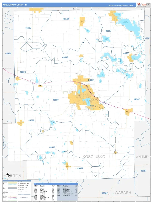 Kosciusko County, IN ZIP Code Wall Map, Business Reference style