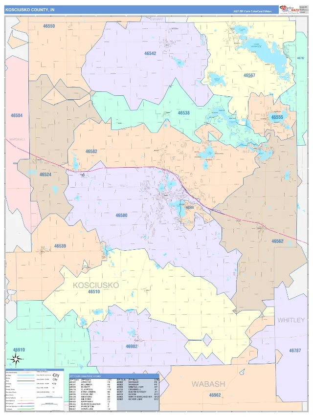 Kosciusko County, IN ZIP Code Wall Map, ColorCast style