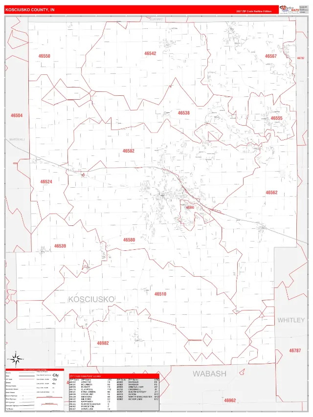 Kosciusko County, IN ZIP Code Wall Map, RedLine style