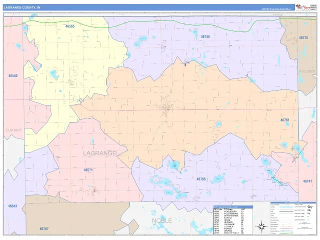 Lagrange County, IN ZIP Code Wall Map, ColorCast style