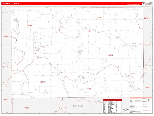 Lagrange County, IN ZIP Code Wall Map, RedLine style