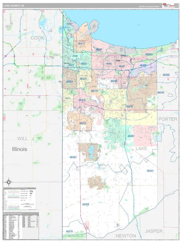 Lake County, IN ZIP Code Wall Map, Classic style
