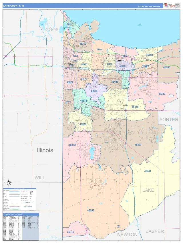 Lake County, IN ZIP Code Wall Map, ColorCast style