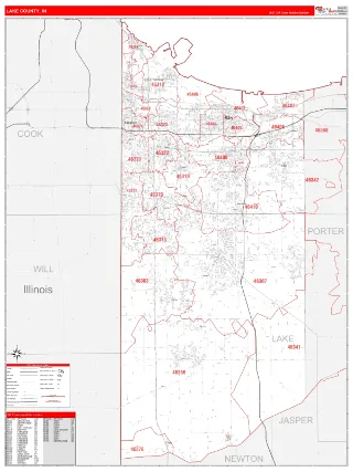 Lake County, IN RedLine style ZIP Code wall map