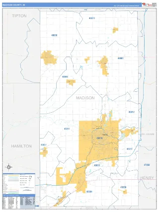 Madison County, IN Business Reference style ZIP Code wall map