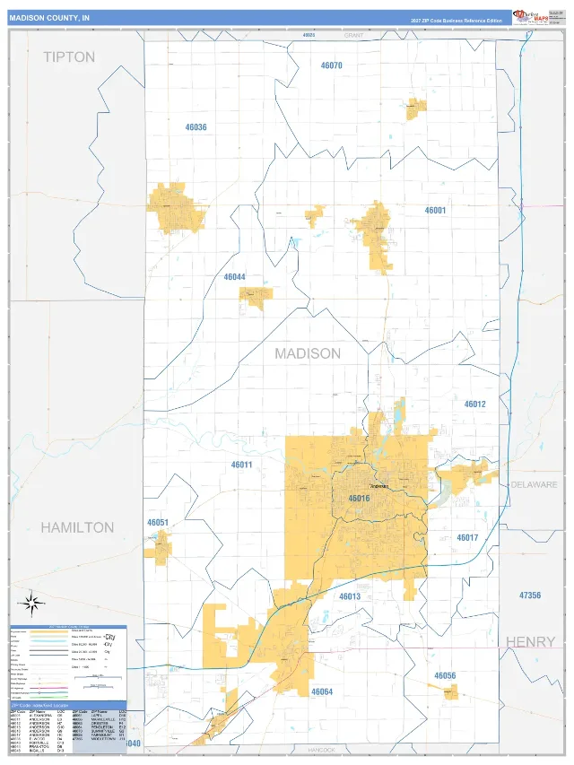 Madison County, IN ZIP Code Wall Map, Business Reference style