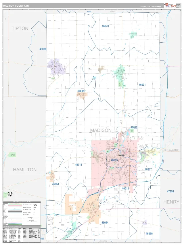 Madison County, IN ZIP Code Wall Map, Classic style