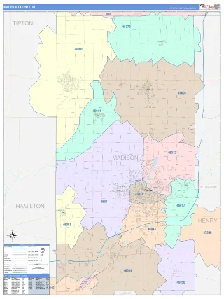 Madison County, IN ColorCast style ZIP Code wall map