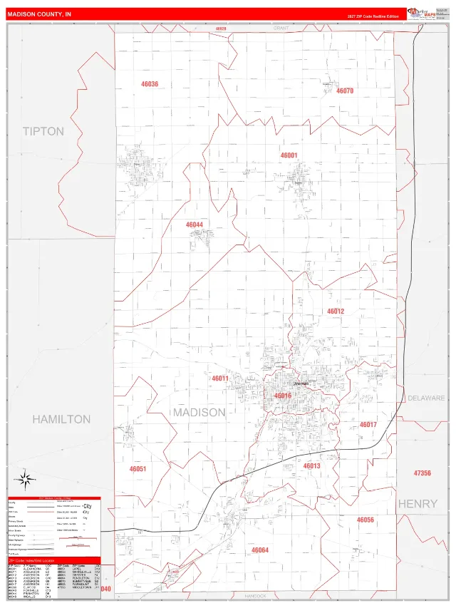 Madison County, IN ZIP Code Wall Map, RedLine style