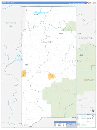 Martin County, IN Business Reference style ZIP Code wall map