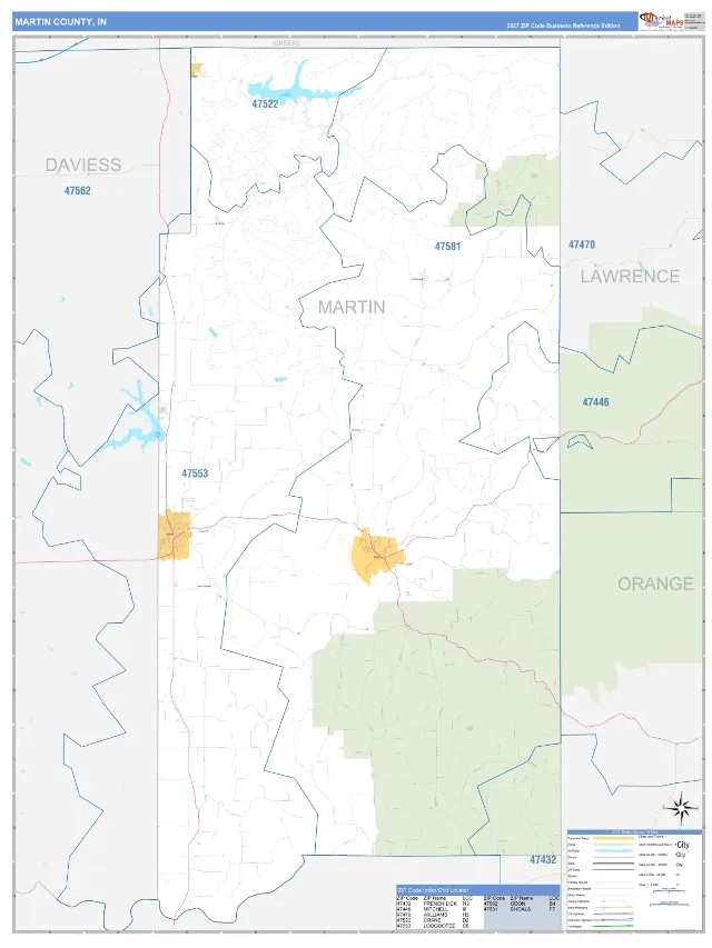 Martin County, IN ZIP Code Wall Map, Business Reference style