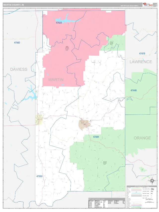 Martin County, IN ZIP Code Wall Map, Classic style