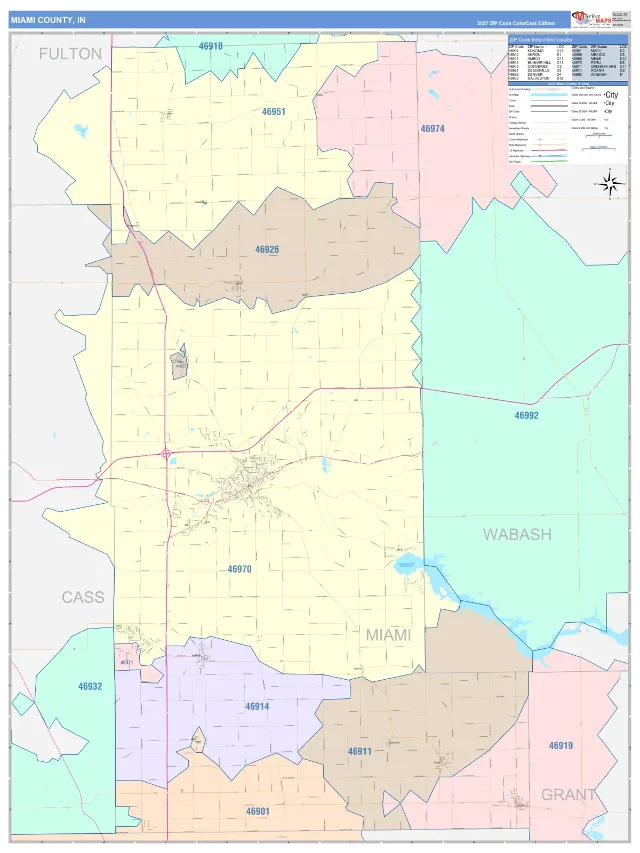 Miami County, IN ZIP Code Wall Map, ColorCast style
