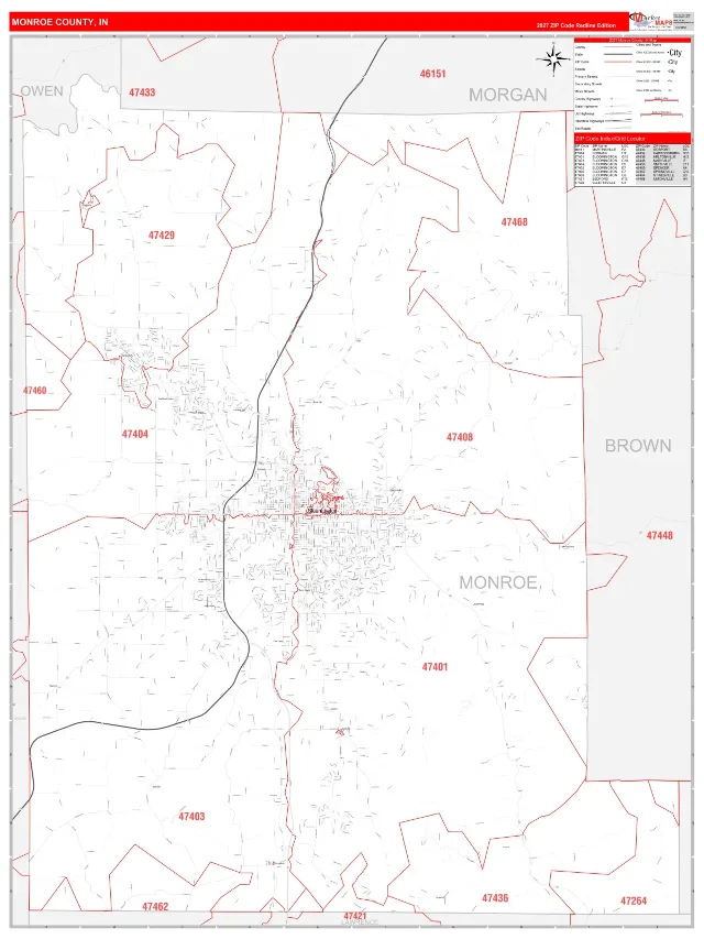 Monroe County, IN ZIP Code Wall Map, RedLine style