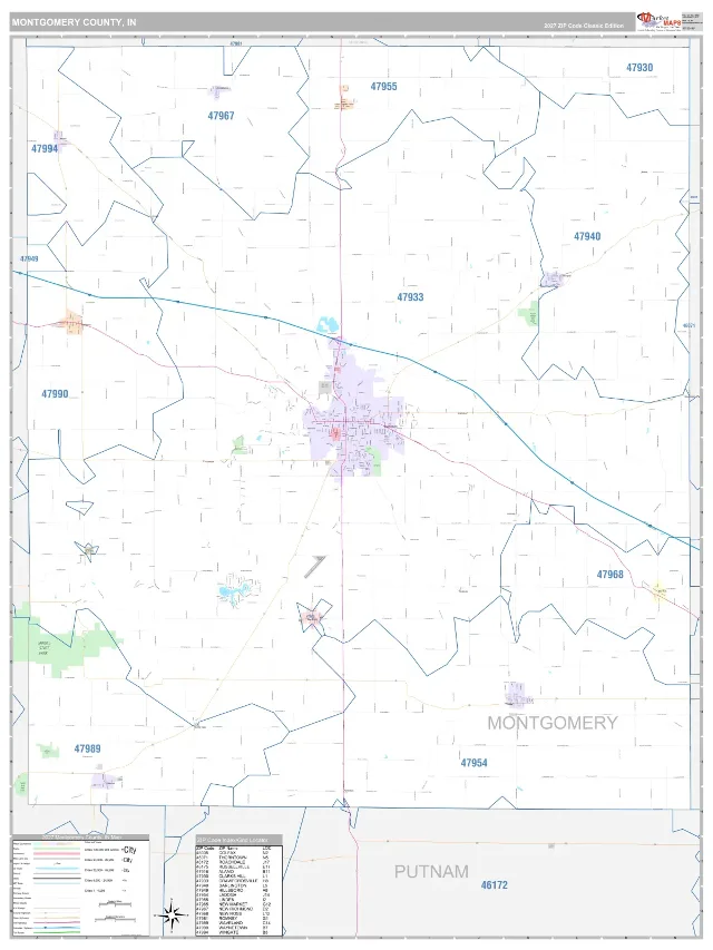 Montgomery County, IN ZIP Code Wall Map, Classic style