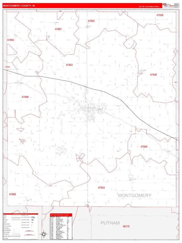 Montgomery County, IN ZIP Code Wall Map, RedLine style