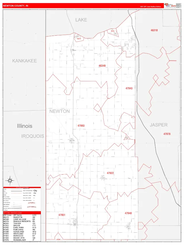 Newton County, IN ZIP Code Wall Map, RedLine style